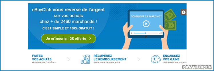 Le site vous reverse de l'argent lorsque vous achetez sur internet, c'est le cashback ! 3 euros offerts  l'inscription ! Vous trouverez aussi sur le site des Codes Promo et des bons de rduction...